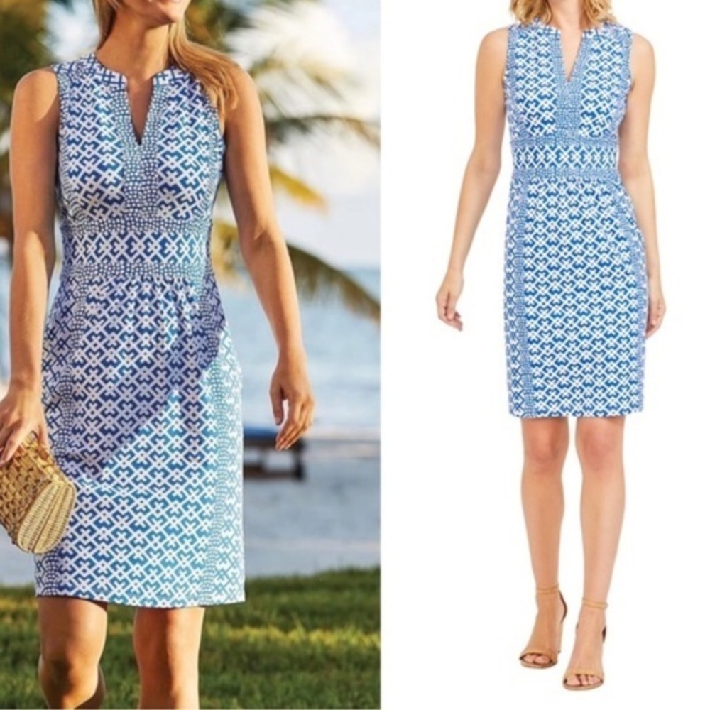 J McLaughlin Lola Sleeveless Dress in Audin Geo blue white Catalina Cloth XS